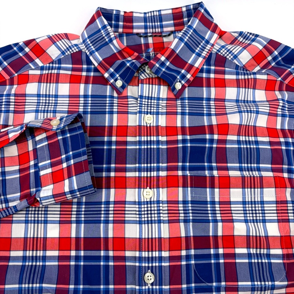 Vineyard Vines On-The-Go Performance Plaid Shirt Mens Medium Red White Blue Brrr